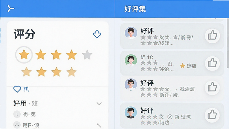主体为应用商店评分界面与用户评论列表,布局左侧展示星级评分,右侧滚动显示精选评论,排版左右分栏,风格信任蓝白调,细节展示点赞图标与用户头像,文字包含“评分”与“好评”,画质明亮,干净,无多余元素