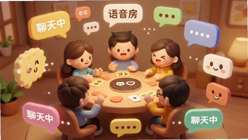 主体为虚拟语音房间场景,布局中心为多个卡通人物头像围坐圆桌,周围环绕动态聊天气泡,排版环绕式构图,风格温馨暖色调,细节展示不同表情与互动手势,文字包含“语音房”与“聊天中”,画质柔和,干净,无多余元素