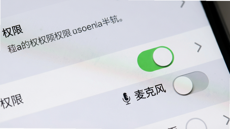 主体为手机设置界面特写,布局聚焦于权限管理列表,高亮显示麦克风权限开关,排版纵向列表,风格系统原生灰白调,细节展示开关状态与权限说明文字,文字包含“权限”与“麦克风”,画质清晰,干净,无多余元素