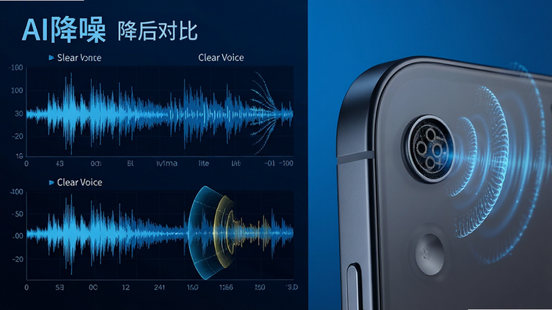 主体为声波频谱分析图与手机麦克风特写,布局左侧展示降噪前后对比波形,右侧为手机背面麦克风细节,排版左右分栏结构,风格科技感蓝色调,细节展示数据流与声波扩散特效,文字包含“AI降噪”与“Clear Voice”,画质锐利,干净,无多余元素