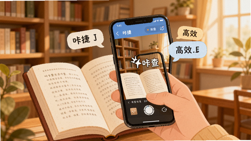 移动端使用场景插画,展示一只手拿着手机对着书本拍摄,手机屏幕上显示