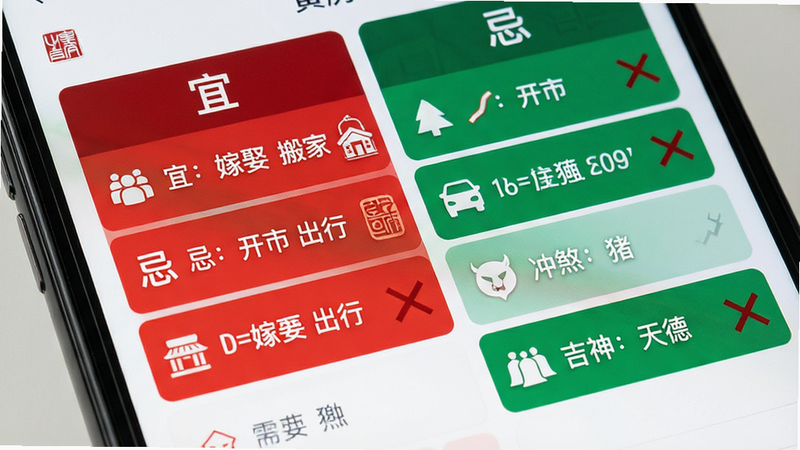 一张特写图片,展示手机屏幕上的黄历详情页面。主体是宜忌列表,分为两列,左侧为红色背景的