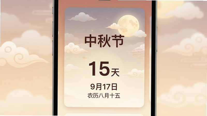 一张节日提醒界面的概念图,主体是卡片式设计,展示下一个重要节日。布局中心为节日名称