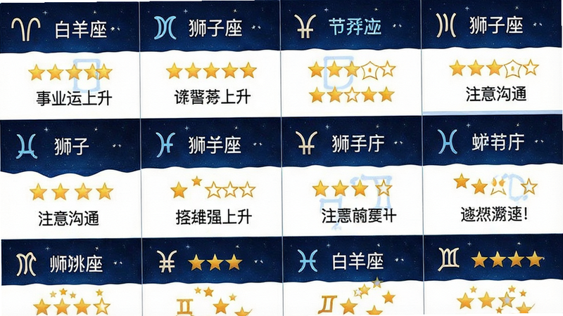 一张星座运势界面的展示图,主体是星座符号和运势评分。布局为网格状,每个格子代表一个星座,显示星星评分和简短评语。排版紧凑,信息密度高。风格时尚,使用星空蓝色调。细节包括