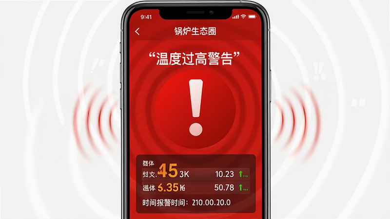 ����Ϊ����¯��̬Ȧ��APP�ı������棬��ɫ������Ŀ��ʾ���¶ȹ��߾��桱���м��д��ĸ�̾��ͼ�꣬�·��г�������ֵ�ͱ���ʱ�䡣����ǿ�����ȸУ�������ྯʾ��ϸ�ڰ����𶯲�����Ч�������������ɾ����޶���Ԫ�أ����ּ�����