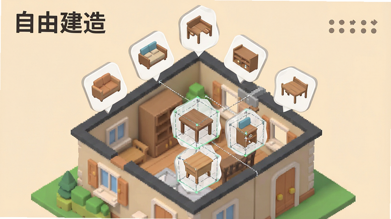 主体展示游戏内的建造系统,布局为俯视视角下的房屋建造过程,排版显示多个可拖拽的家具图标悬浮在房屋上方,风格为扁平化与3D结合,细节展示家具拼接时的网格对齐效果,画质清晰,背景为柔和的米色,文字标注“自由建造”
