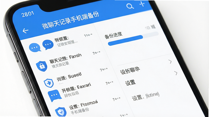主体为手机屏幕界面,显示“微聊天记录手机端备份”APP主界面,布局清晰,左侧为聊天记录列表,右侧为备份进度条与设置选项,风格简洁现代,蓝色主色调,细节包含对话气泡图标与盾牌安全标识,画质高清,干净,无多余元素