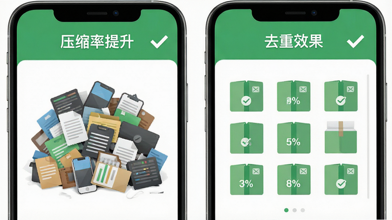 主体为手机界面,展示“压缩率提升”与“去重效果”对比图表,布局左右分栏,左侧为杂乱文件堆叠,右侧为整齐压缩包,风格扁平化设计,配色清新绿与白,细节包含百分比数字与对勾图标,画质清晰,干净,无多余元素