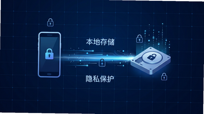 主体为数据流动示意图,手机图标与本地存储硬盘图标通过光速线条连接,文字标注“本地存储”、“隐私保护”,背景为深蓝色科技感网格,布局居中,风格极简科技风,细节包含锁形图标与数据流粒子,画质4K,干净,无多余元素