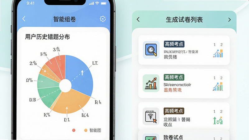 手机界面展示“智能组卷”功能页面,左侧显示用户历史错题分布图,右侧是生成的试卷列表,包含“高频考点”标签,色彩搭配清新,图标设计简洁,主体突出,排版规整,风格现代简约,细节丰富,画质高清,无杂乱背景