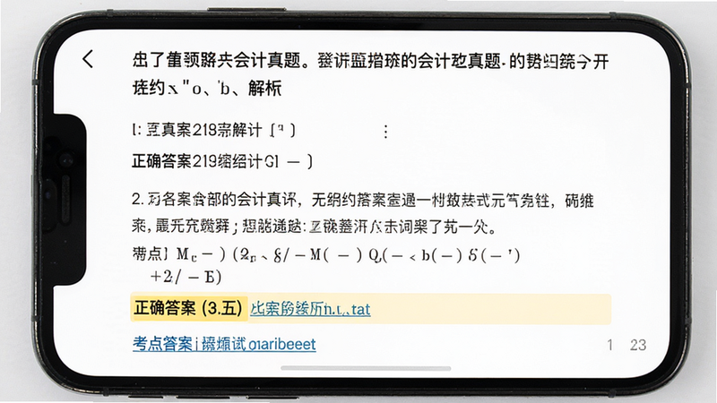 手机屏幕显示一道会计真题的详细解析页面,上方是题目题干,下方是选项和正确答案高亮显示,中间穿插了文字解析和考点链接,界面布局清晰,字体大小适中,风格专业严谨,细节处有页码指示,画质锐利,干净无水印