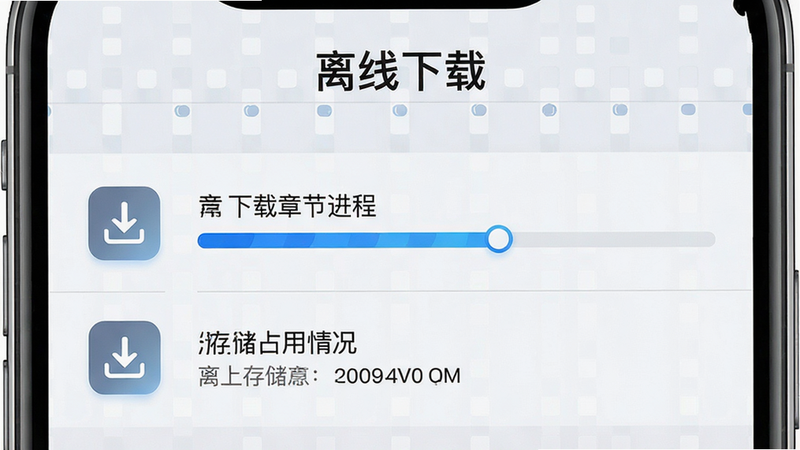手机界面展示“离线下载”设置页,显示已下载章节的进度条和存储占用情况,背景为浅色网格,图标带有下载箭头标识,布局对称,风格科技感强,细节清晰,画质高质量,无多余装饰,文字“离线下载”清晰