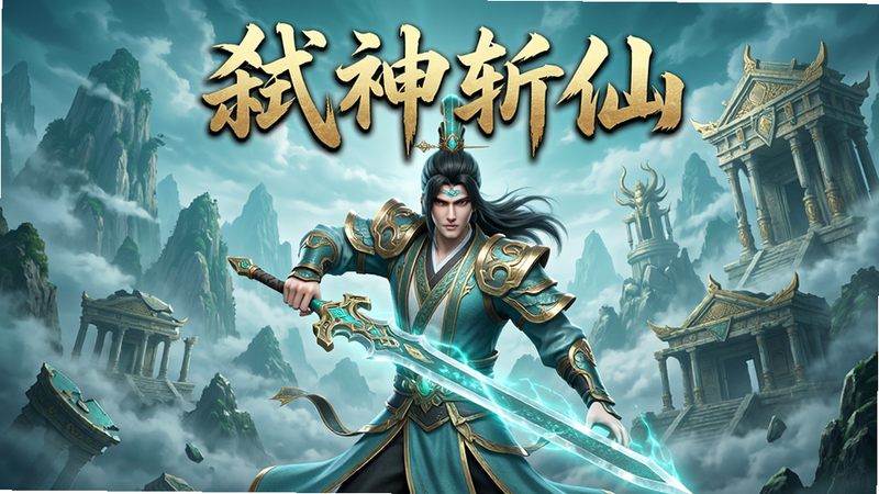 游戏《弑神斩仙》的主视觉海报,主体是一位手持发光长剑的仙侠角色,背景是云雾缭绕的山峰与破碎的神殿,色彩以青色和金色为主,排版居中,风格为高精度的3D渲染,细节丰富,画质清晰,干净无多余元素,文字“弑神斩仙”位于顶部居中,字体为苍劲有力的书法体