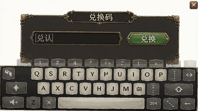 游戏内兑换码输入界面,主体是一个输入框与确认按钮,布局简洁,风格为古典UI,细节展示键盘弹出效果,画质清晰,干净背景,无多余弹窗,文字“兑换”清晰可见