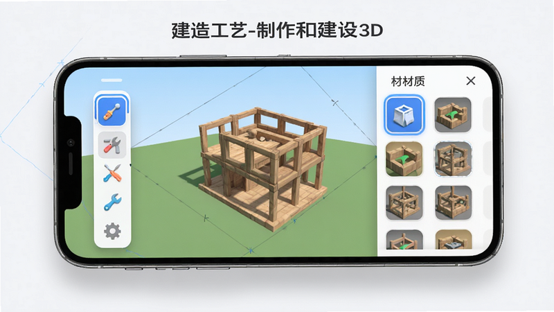 展示“建造工艺-制作和建设3D”操作界面的UI设计图,主体为手机屏幕内的建造视角,布局清晰,左侧为工具栏,右侧为材质选择面板,排版简洁现代,风格扁平化结合3D图标,细节包括高亮的选中状态和柔和的阴影效果,画质高清,干净无多余元素