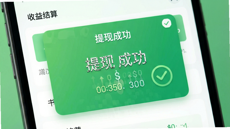 主体为收益结算界面特写,布局突出“提现成功”弹窗,排版简洁明了,风格清新绿色调,细节包含数字跳动动画效果与对勾图标,画质清晰,干净,无多余元素,文字“提现成功”醒目显示