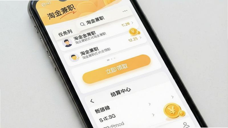 主体为“淘金兼职”App的手机界面展示,布局清晰分为顶部任务列表与底部结算中心,排版简洁现代,风格扁平化设计,细节包含高亮的“立即领取”按钮与金币图标,画质高清,干净,无多余元素,文字“淘金兼职”清晰可见