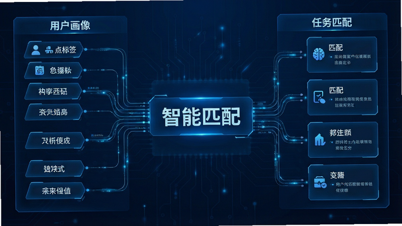 主体为智能匹配流程图,布局采用左右对比结构,左侧为用户画像标签,右侧为匹配的任务卡片,排版逻辑严密,风格科技感蓝色调,细节包含数据流动的线条连接,画质精细,干净,无多余元素,文字“智能匹配”居中显示