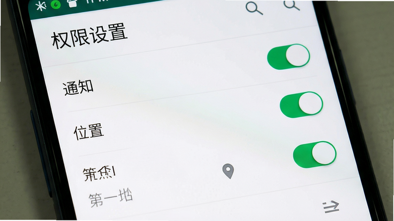主体为手机设置界面截图,布局聚焦“权限管理”页面,排版清晰,风格标准安卓系统UI,细节包含“通知”、“位置”等权限开关状态,画质清晰,干净,无多余元素,文字“权限设置”清晰可见