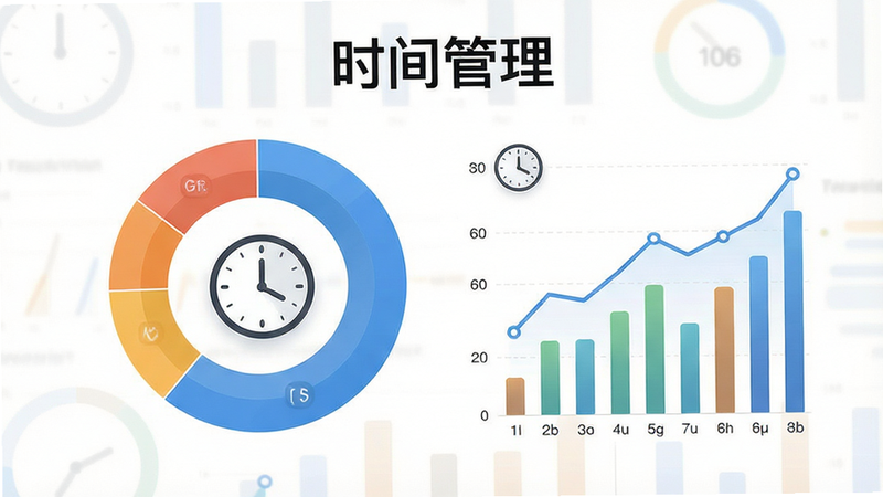 主体为时间管理仪表盘,布局为环形图与柱状图结合,排版数据可视化,风格简约白色背景,细节包含时钟图标与折线趋势,画质细腻,干净,无多余元素,文字“时间管理”位于顶部