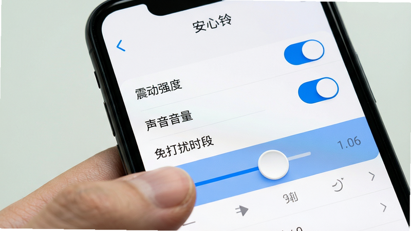 手机设置界面的特写,显示“安心铃”的提醒策略配置页面,有多个滑动开关和选项列表,如“震动强度”、“声音音量”、“免打扰时段”等,界面设计简洁现代,配色为白底黑字,重点选项以蓝色高亮显示,手指正在滑动调节音量条,动作自然,风格真实生活化,细节清晰,画质高,干净无杂乱背景,文字“安心铃”位于页面顶部标题栏