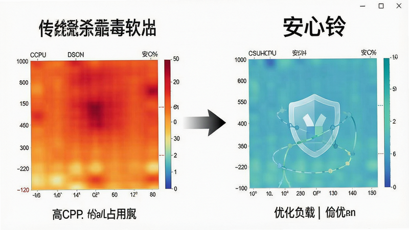 一张对比图,左侧显示传统杀毒软件运行时高CPU占用率的热力图,颜色为红橙色;右侧显示“安心铃”运行时的低负载状态,颜色为清凉的蓝绿色,中间用箭头连接表示优化效果,背景为纯白色,图表简洁明了,数据条清晰可见,风格专业严谨,细节准确,画质高清,干净无干扰元素,文字“安心铃”标注在右侧图表上方