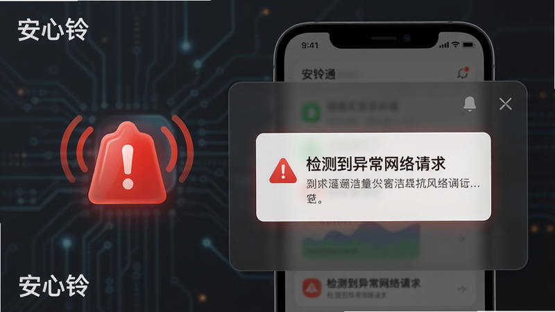 展示“安心铃”风险预警功能的示意图,左侧是一个红色的警报图标,右侧是手机屏幕弹出的风险通知卡片,卡片上显示“检测到异常网络请求”的字样,背景为深灰色半透明遮罩,突出前景的警示效果,构图紧凑,视觉焦点集中在警示信息上,风格科技感强,细节丰富,画质清晰,干净无杂乱元素,文字“安心铃”作为品牌标识出现在角落