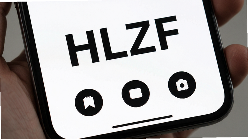 一张高清手机屏幕截图,展示HLZF应用的主界面,界面设计极简,白色背景,中央显示黑色大字“HLZF”,下方有三个圆形功能图标,布局对称,风格扁平化,高清,无多余元素,干净
