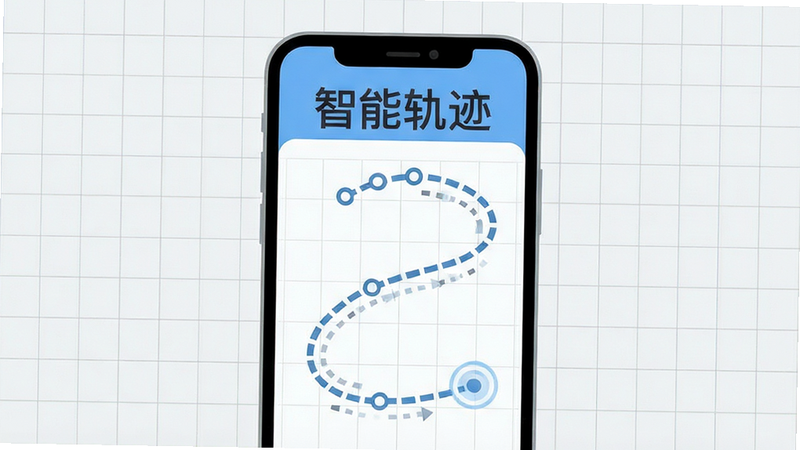 手机界面示意图,显示一个动态的点击轨迹路径,路径由虚线连接,背景为浅灰色网格,主体文字“智能轨迹”位于顶部,风格扁平化,细节清晰,画质高,干净无干扰