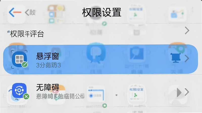 手机设置界面截图,显示权限管理列表,高亮显示“悬浮窗”和“无障碍”选项,主体文字“权限设置”位于顶部,背景为系统默认风格,细节清晰,画质高,干净无干扰