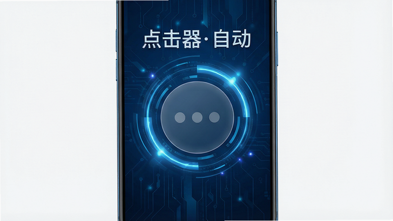 一张展示安卓手机屏幕的渲染图,屏幕中央显示一个简洁的圆形点击区域,周围有动态光效,背景为深蓝色科技风,主体文字“点击器自动”清晰可见,布局居中,排版现代,细节精致,画质高清,干净无多余元素