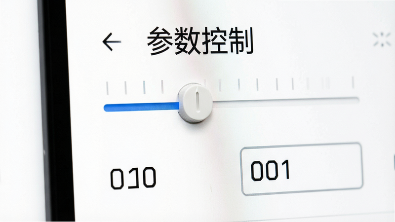 设置界面特写,显示滑块和数字输入框,主体文字“参数控制”位于上方,背景为白色,风格极简,细节锐利,画质高,干净简洁