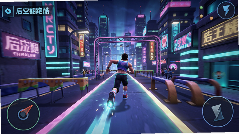 “后空翻跑酷”游戏内的霓虹都市赛道全景,色彩绚丽,障碍物错落有致,主角在赛道上奔跑,视角跟随主角移动,动态感强,高质量3D建模,视觉效果震撼
