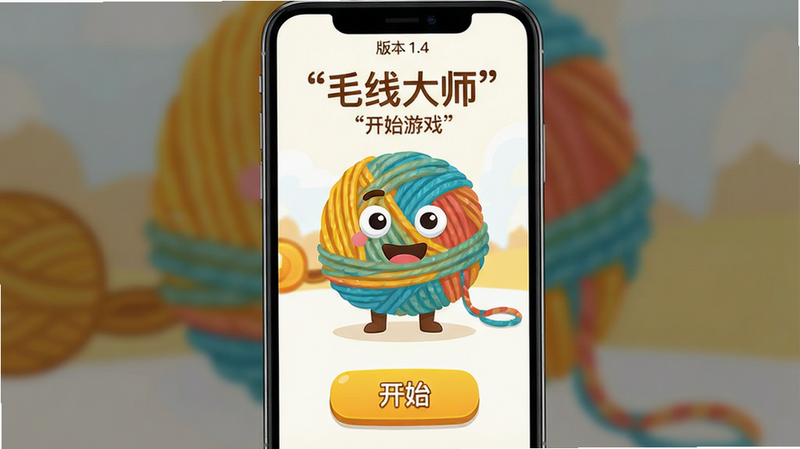 主体为一款名为“毛线大师”的手机游戏APP界面截图,布局采用居中构图,展示游戏主菜单或第一关关卡画面。排版简洁,顶部显示版本号1.4,中间是色彩鲜艳的毛线团角色,底部有开始按钮。风格为扁平化卡通插画,色彩明快,以暖黄色和白色为主色调。细节丰富,毛线纹理清晰可见,背景虚化处理突出主体。画质高清,干净,无多余元素,文字加引号如“毛线大师”、“开始游戏”。