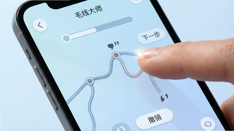 主体为手机屏幕特写,展示“毛线大师”游戏中的操作界面。布局聚焦于屏幕中央的毛线连接过程,一只手指正在拖动毛线节点。排版紧凑,UI元素极少,仅保留必要的进度条和撤销按钮。风格为现代极简主义,色彩柔和,背景为淡蓝色渐变。细节呈现手指触碰屏幕的轻微高光,毛线轨迹平滑。画质精致,干净,无多余元素,文字加引号如“撤销”、“下一步”。