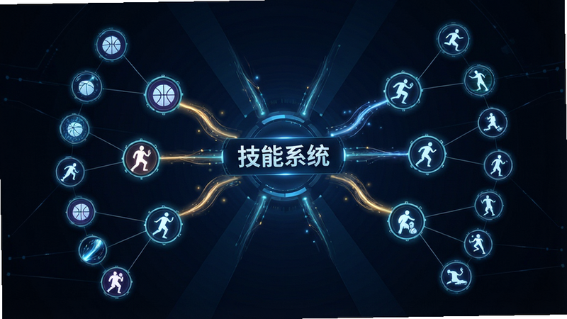 生成一张技能树界面示意图,主体为发光的技能图标网络,连接着不同的篮球动作剪影,布局呈放射状,排版清晰有序,风格为科技感UI设计,细节为光效流动,画质高清,干净无杂乱线条,文字“技能系统”位于中心
