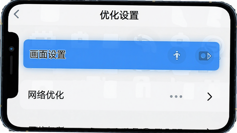 生成一张手机屏幕界面图,显示游戏设置菜单,主体为“画面设置”和“网络优化”选项,布局清晰,排版整齐,风格为简洁UI设计,细节为高亮选中的选项,画质清晰,干净无其他弹窗,文字“优化设置”位于顶部