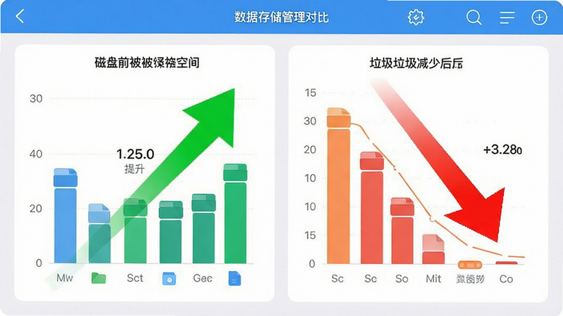 主体为手机存储管理界面,显示磁盘空间被清理前后的对比图表,绿色箭头向上表示性能提升,红色箭头向下表示垃圾减少,风格为数据可视化图表,配色清新,细节包含文件分类图标,画质清晰,布局整洁,无无关图标