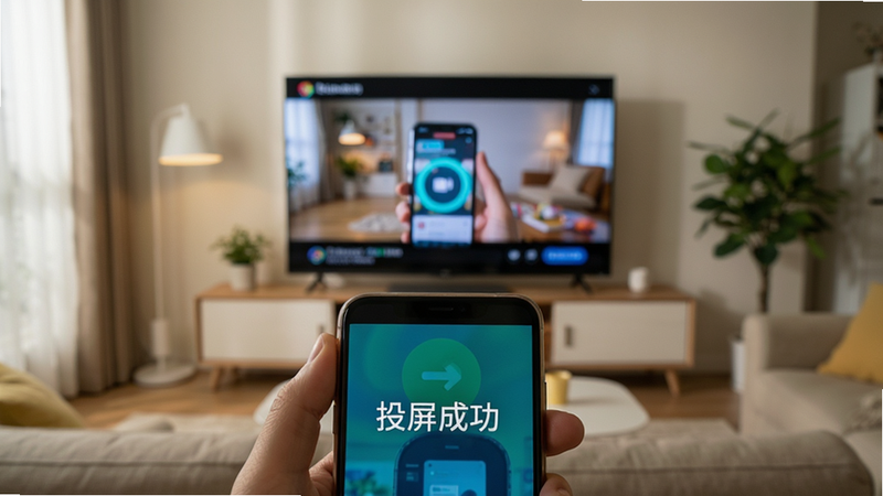 主体为客厅场景,电视屏幕上显示与手机相同的视频画面,手机位于前景特写,屏幕上显示“投屏成功”字样,风格为写实生活场景,光线柔和,细节展现屏幕色彩还原度,画质逼真,无多余背景干扰