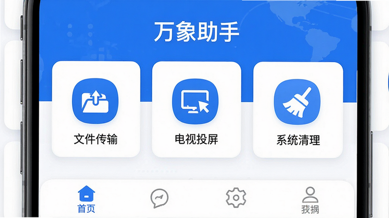 主体为手机界面展示万象助手APP首页,布局采用卡片式排列,顶部显示软件名称“万象助手”,中部展示“文件传输”、“电视投屏”、“系统清理”三个核心功能图标,底部为导航栏,风格为扁平化现代科技风,色彩以蓝白为主色调,细节清晰,画质高清,干净无多余元素