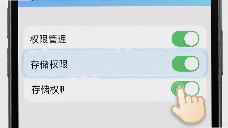 主体为手机设置界面截图,高亮显示“权限管理”和“存储权限”选项,手指图标点击开启,背景为浅灰色,风格为教程图解,细节包含开关状态变化,画质清晰,无其他干扰元素