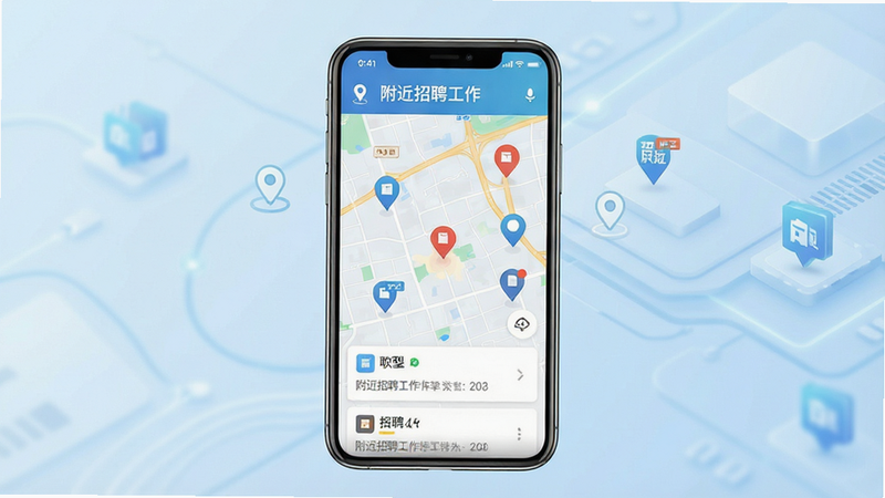 һ��չʾ��������Ƹ��������׿APP���������ͼ������Ϊ�ֻ���Ļ����ʾ��ͼģʽ�µĶ��ְλ��ǵ㣬����Ϊ����ǳ��ɫ�Ƽ��磬�����������Ű����������ִ���Լ��ϸ�ڰ�����λͼ���ְλ��Ƭ�����ʸ��壬�ɾ����޶���Ԫ�أ����ֱ�ע��������Ƹ������