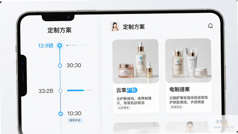 主体展示云护肤APP的定制化护肤方案页面,左侧为步骤时间轴,右侧为对应的产品图片与说明,布局平衡,排版逻辑清晰,风格为科技简约风,细节包含进度条动画效果示意与产品标签,画质精良,干净无杂乱元素,文字“定制方案”醒目