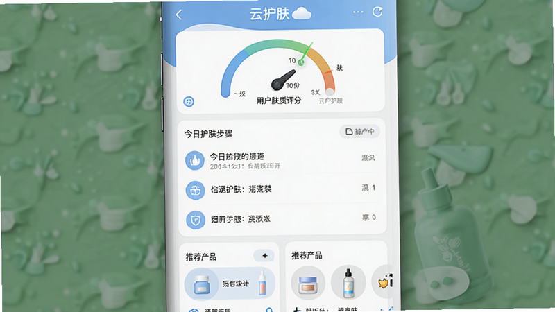 主体为云护肤APP的主界面概览,布局清晰,顶部显示用户肤质评分仪表盘,中部展示今日护肤步骤列表,底部为推荐产品卡片,排版整洁有序,风格为清新极简风,细节包含柔和的蓝色调图标与白色背景,画质高清,干净无多余元素,文字“云护肤”清晰可见