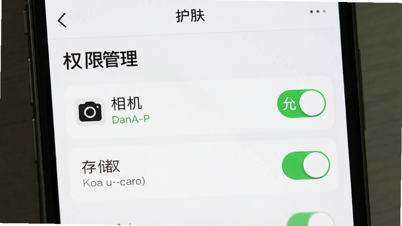 主体为手机设置界面中关于云护肤APP的权限管理页面,布局为列表式,突出显示相机与存储权限开关,风格为扁平化UI设计,细节包含绿色的“允许”状态标识,画质清晰,干净无干扰元素,文字“权限管理”清晰