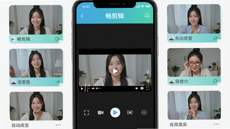 手机界面展示“畅剪辑”一键成片功能,屏幕中央显示自动生成的视频预览,周围环绕着自动识别的素材缩略图,界面色调清新,字体清晰,布局整齐,风格扁平化,细节精致,画质高保真,无杂乱背景