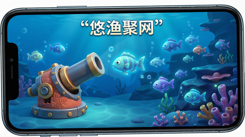 主体为手机屏幕界面展示“悠渔聚网”游戏主界面,布局为左侧炮台右侧深海场景,排版清晰整洁,风格为现代3D卡通渲染,细节包含发光的鱼群和精致的炮台纹理,画质4k高清,干净无多余元素,文字“悠渔聚网”加引号