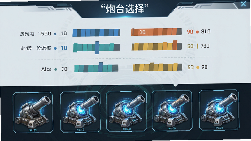 主体为炮台升级界面,布局为底部一排不同等级的炮台图标,顶部显示属性数值对比,排版整齐对称,风格为科技感UI设计,细节包含金属质感的炮身和发光的能量核心,画质清晰,干净无多余装饰,文字“炮台选择”加引号
