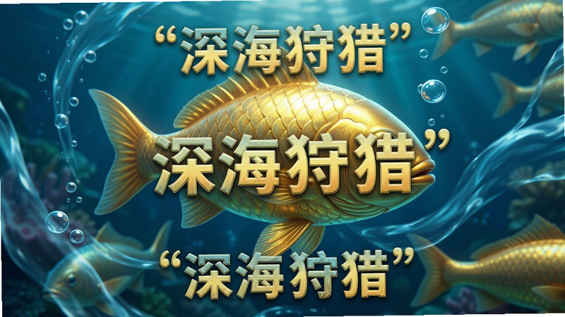 主体为游戏内深海场景特写,布局为中央大型金色鱼群,周围环绕气泡和水流光影,排版聚焦于中心视觉点,风格为写实与卡通结合,细节展示鱼鳞反光和水流动态,画质极高,干净无杂乱元素,文字“深海狩猎”加引号