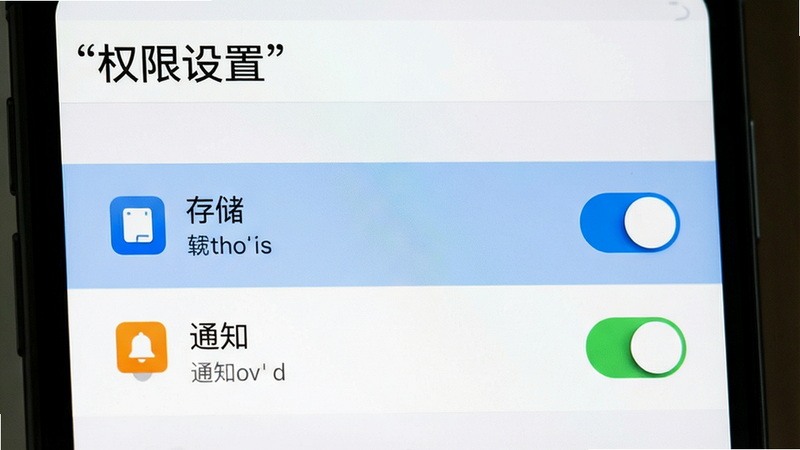主体为手机设置界面截图,布局为权限管理列表,高亮显示“存储”和“通知”权限,排版清晰,风格为简洁UI设计,细节包含开关按钮和图标,画质清晰,干净无多余弹窗,文字“权限设置”加引号